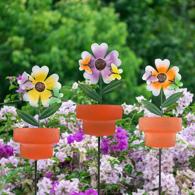 Metal Garden Stakes Decor,3 Pack Flowers Pot Decorative Garden Stakes, Waterproof Spring Outdoor Decor,Metal Flowers Garden Decor for Outside,Lawn,Yard,Pathway-Ruum Studio Home