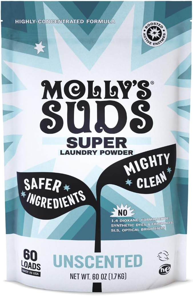 Molly's Suds Unscented Super Powder Detergent | Extra Strength Laundry Soap, Stain Fighting | Sensitive Skin | Simple, Effective Ingredients | 60 Loads-Ruum Studio Home