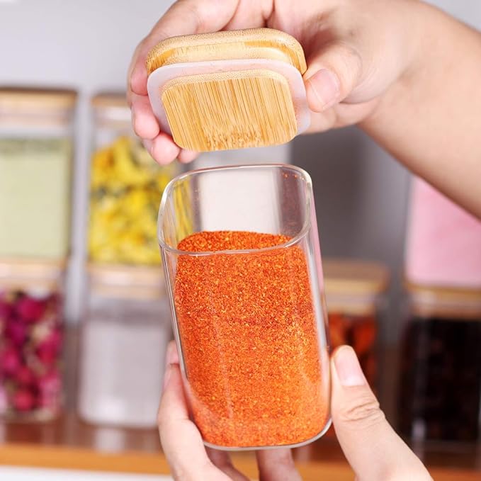 10 Pcs Glass Spice Jars - 8oz Empty Square Spice Storage Containers With Bamboo Airtight Lid and Labels - Thicken Small Glass canister for Kitchen Seasoning,Coffee Bean,Tea,Suger,Herbs-Ruum Studio Home