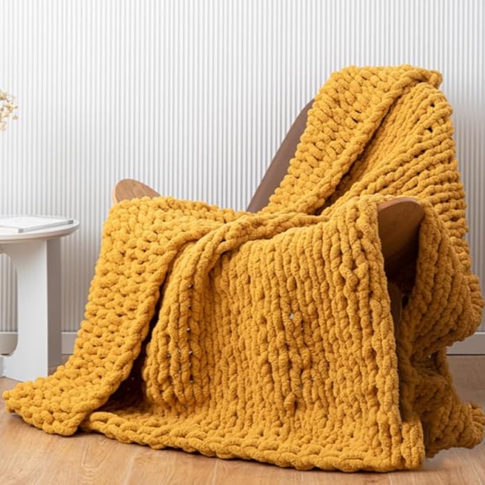 Chunky Knit Blanket Throw 48"*71", Hand Knitted Warm Chenille Throw Blanket, Home Decor Soft Thick Yarn Cable Knit Blanket,Soft Breathable Fleece Banket Christmas for Couch Bed Sofa Best Gift (Yellow)-Ruum Studio Home
