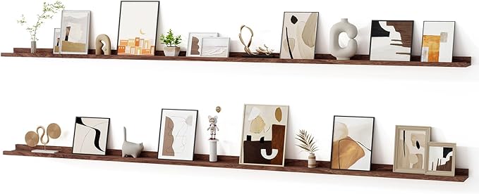 Floating Picture Ledge Shelves for Wall Set of 2, 95 Inches Picture Ledge Shelf with Long Large Nursery Book Shelf for Toys Storage Kids Bookshelf Wall Mounted Living Room Bedroom Decor Frames, Walnut-Ruum Studio Home