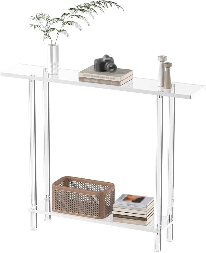 Acrylic Narrow Console Table for Entryway, 7.6" D x 39.4" W x 31.5" H, Square Legs, Skinny Entry Table for Sofa, Foyer, Hallway, Living Room, Modern, 2-Tier, Clear-Ruum Studio Home