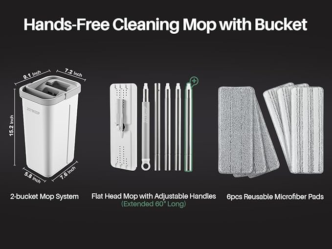 JOYMOOP Mop and Bucket with Wringer Set, Hands Free Flat Floor Mop and Bucket, 60" Mop with 6 Reusable Microfiber Pads, Wet and Dry Use, Floor Cleaning System-Ruum Studio Home