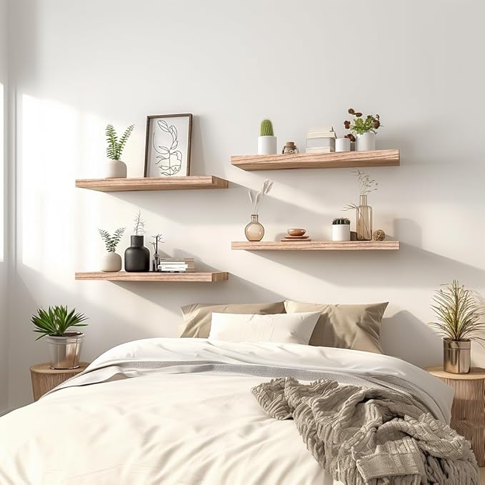 Light Wood Floating Shelves for Wall Rustic Wall Shelves for Bedroom Set of 6-Ruum Studio Home