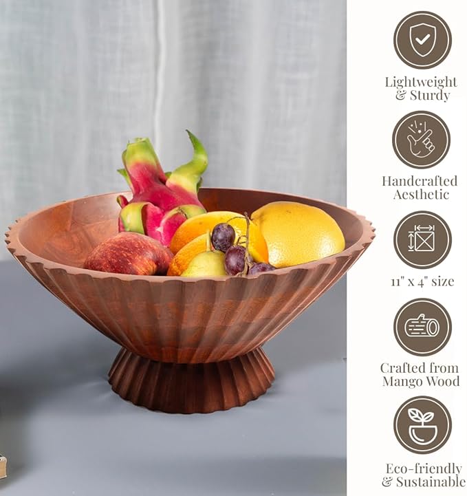 Folkulture Wooden Fruit Bowl for Kitchen Island | (11") Countertop or Eco Friendly Decorative Centerpiece Table Decorations | Decorative Bowls, Fruits Tray or Fruit's Holder for Kitchen Counter Decor-Ruum Studio Home