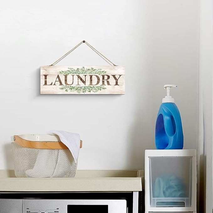 Laundry Sign Wall Decor, Kitchen Wall Art with Plant Print, Rustic Farmhouse Wall Hanging Plaque Home Kitchen Decorative (Laundry), 4.7 x 13.7 inches-Ruum Studio Home