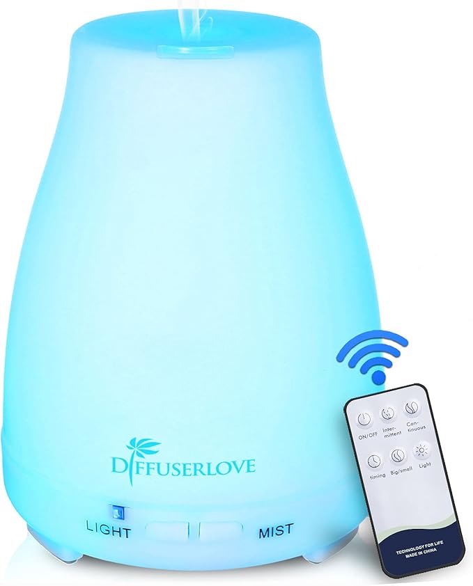 Diffuserlove Essential Oil Diffusers 200ML Remote Control Ultrasonic Mist Humidifiers BPA-Free Aromatherapy Diffuser with 7 Color Lights, Auto Shut-Off for Bedroom Office Kitchen-Ruum Studio Home