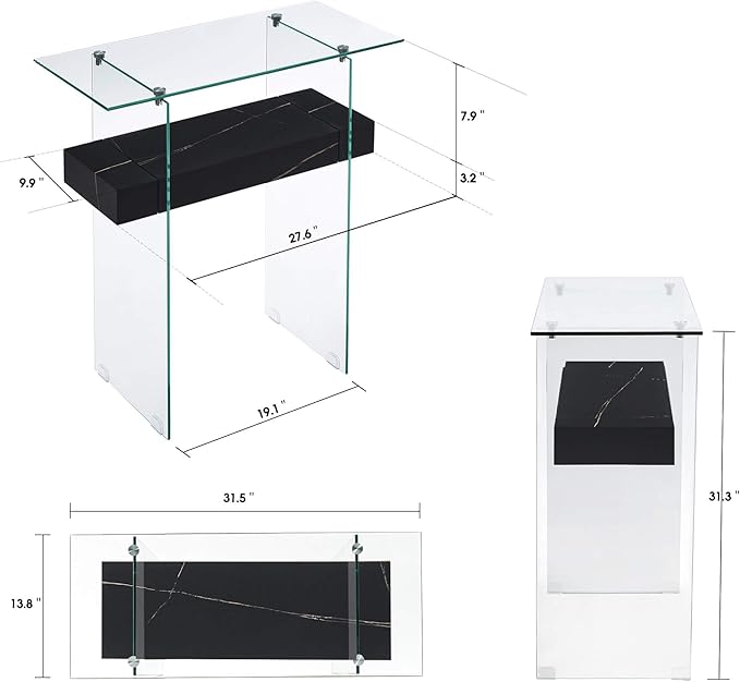 ivinta Glass Console Table with Storage, 31.5'' Modern Narrow Sofa Table for Small Space with Natural Wood Shelves for Living Room, Hallway, Foyer, Bedroom 5103 (Black)-Ruum Studio Home
