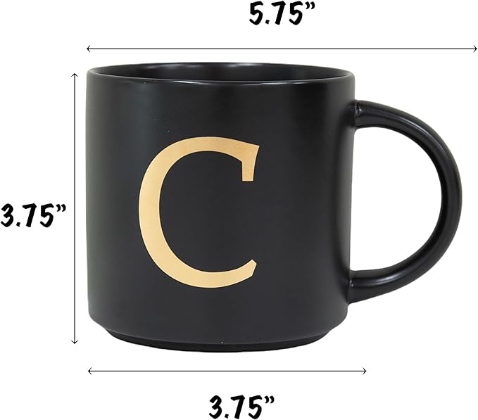 COLLECTIVE HOME - Monogram Ceramic Mugs, 15 oz Golden Initial Black Coffee Cups, Elegant Alphabet Tea Mugs, Elegant Personalized Mug with Gift Box, Unique Mug with Double Side Capital Lette (C)-Ruum Studio Home