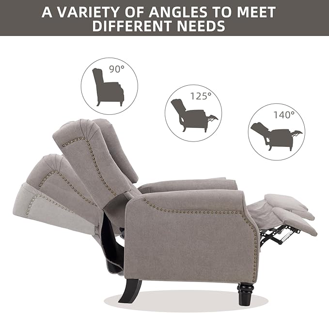 CANMOV Push Back Recliner Chair Set of 2, Modern Fabric Wingback Recliner Chair, Comfy Armchair Single Sofa Accent Chair with Padded Seat and Nailhead Trim, Tufted, Grey-Ruum Studio Home