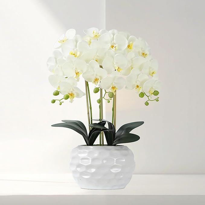 Orchid Artificial Flowers with White Vase Large Silk Faux Phalaenopsis Flowers for Dining Room Table Floral Centerpieces Indoor Decoration,White-Ruum Studio Home
