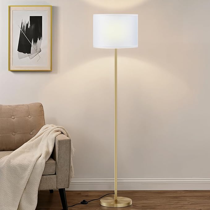 Ambimall 60'' Modern Floor Lamp with Shade, Tall Lamps for Living Room, Bedroom, Office, Dining Room, White Shade with Gold Pole(Without Bulb)-Ruum Studio Home