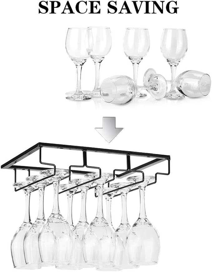 Wine Glass Rack - Under Cabinet Stemware Wine Glass Holder Glasses Storage Hanger 2 Pack Metal Organizer for Bar Kitchen Black-Ruum Studio Home