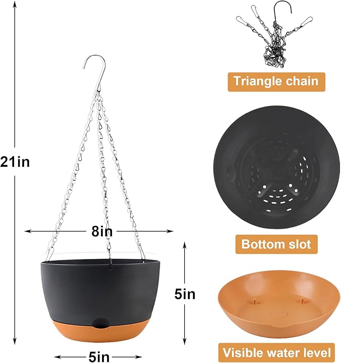 4 Pack Plastic Hanging pots for Plants Indoor,8 Inch Plant Pot Indoor Outdoor Hanging Baskets,Hanging Flower Pots with Drainage Holes and Chain for Garden Porch Plants(Black)-Ruum Studio Home
