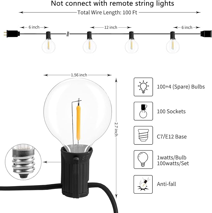 LED G40 Outdoor String Lights Patio Lights 100FT with 104 LED Shatterproof Bulbs, Weatherproof Commercial Hanging Lights for Backyard Bistro Pergola Party Decor, E12 Socket Base, 2200K, Black-Ruum Studio Home