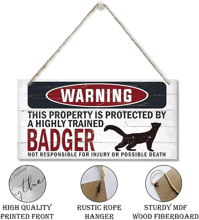 Warning Sign, Badger Warning Wood Plaque Sign, Funny Door Signs, Decorative Wood Hanging Suspension Plaque, Farmhouse Wooden Wall Decor, Outdoor Hanging Wooden Signs-Ruum Studio Home