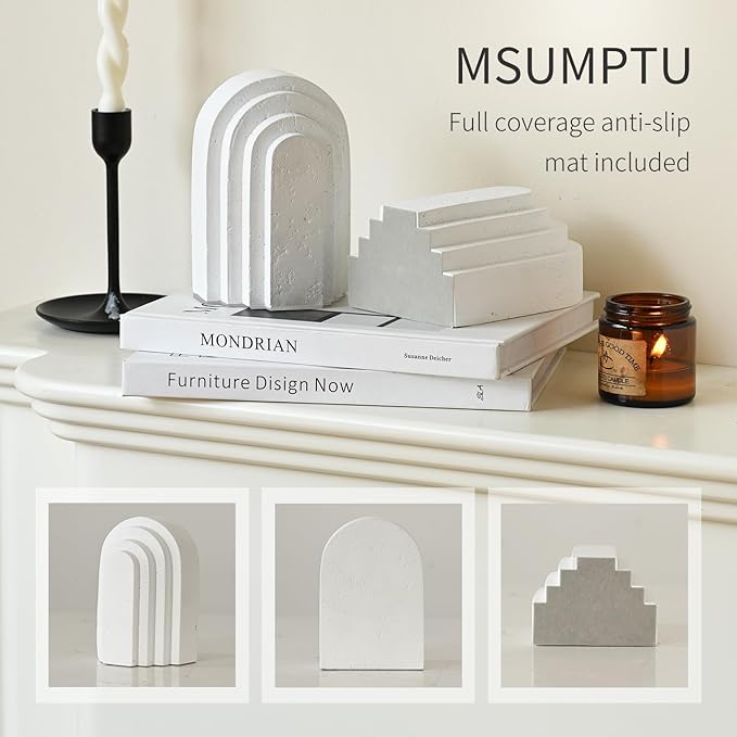 Decorative Bookends for Shelves, Set of 2 Book Ends for Heavy Books, Layered Arch Design White Bookend-Ruum Studio Home