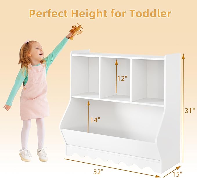 Wood Kid Storage Cubby, Toy Storage Organizer with Bookshelf, 32"L x 15"D x 31"H Montessori Toy Shelf, Nursery Book Shelves, Wooden 4-Cubby Children Book Shelf for Playroom Classroom, White-Ruum Studio Home
