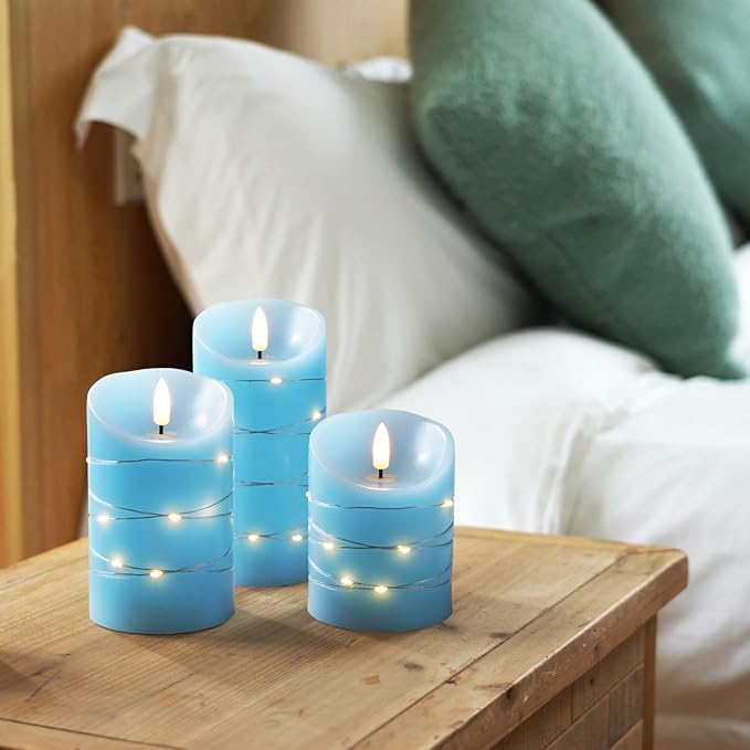 Homemory Flameless Candles with String Lights, 3 Pack Embedded Fairy String Lights LED Candles, Electric Flickering Candles with Remote Control and Timer, Real Wax, Blue-Ruum Studio Home