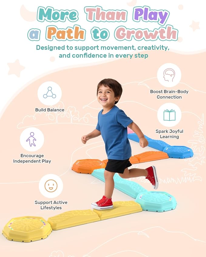 Holyton Music Light Up Balance Beam and Toddler Stepping Stones 13 Pieces, Non-Slip Plastic Balance Stackable Stepping Stones for Kids, Sensory Toys for Toddlers, Indoor or Outdoor Play, Easy Storage-Ruum Studio Home