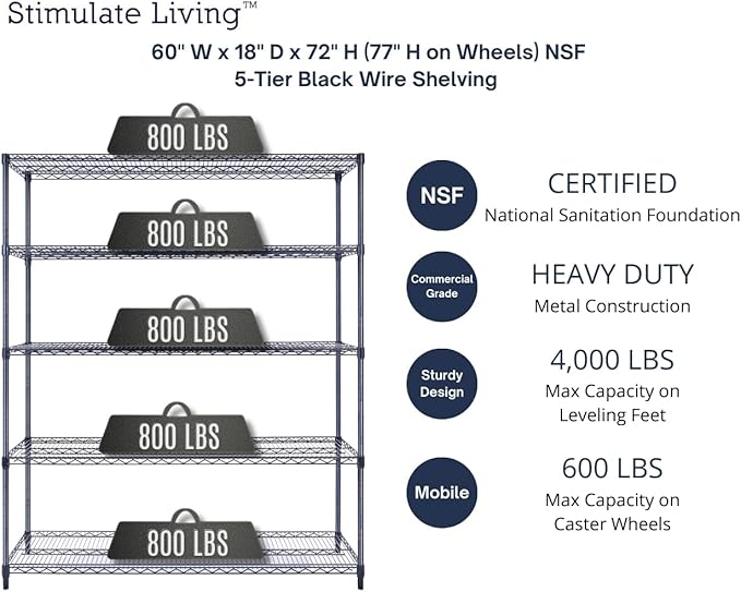 60"x18"x72" Prime Heavy Duty Black 5-Tier Wire Shelving NSF 4000 LBS MAX Capacity Storage Rack for Commercial, Hospital, School, Garage, and Kitchen Uses (with Wheels)-Ruum Studio Home