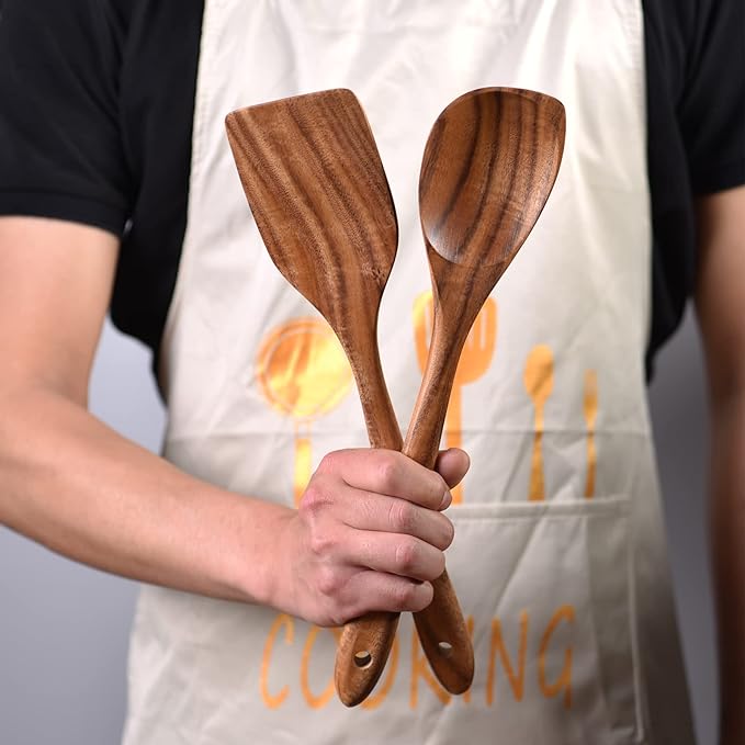Gudamaye 13 inch Long Wooden Utensils for Cooking, Long Handle Wooden Spoons for Cooking, 7 PCES Crafting Wooden Spoon Set, Wooden Kitchen Utensil set, Natural Teak Wooden utensil Set-Ruum Studio Home