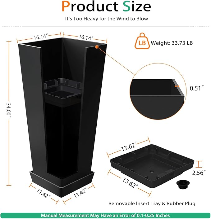 Tall Planters for Outdoor Plants, Large Resin Flower Pots with Saucers for Garden, Front Porch, Patio, Indoor - Set of 2 (Black, 34 inch - 2 Pack)-Ruum Studio Home