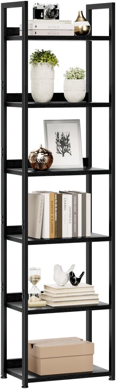 NUMENN Narrow Bookshelf, 6 Tier Bookshelves, Home Office Bookcase Shelf Storage Organizer, Free Standing Storage Shelving Unit for Bedroom, Living Room and Home Office, Black-Ruum Studio Home