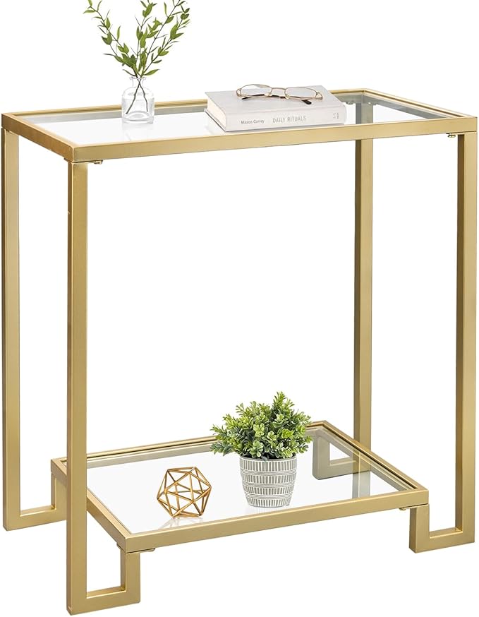 2 Tier Rectangular Side Table, Gold End Table with Glass Top, Modern Metal Clear Coffee Table，Small Accent Table for Living Room, Bedroom, 22" x 12.4" x 24"-Ruum Studio Home