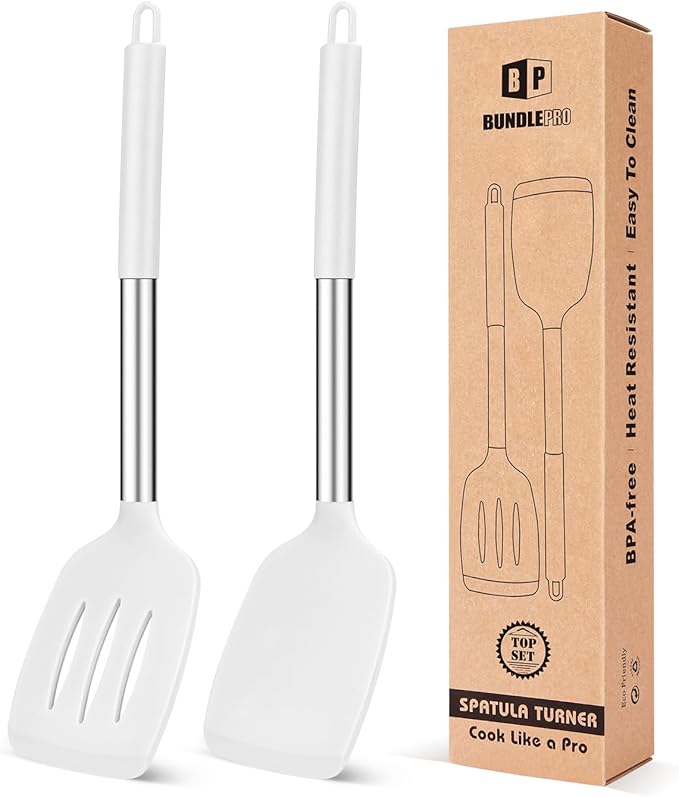 Pack of 2 Silicone Solid Turner, Non Stick Slotted Kitchen Spatulas, High Heat Resistant BPA Free Cooking Utensils, Ideal Cookware for Fish, Eggs, Pancakes(White)-Ruum Studio Home