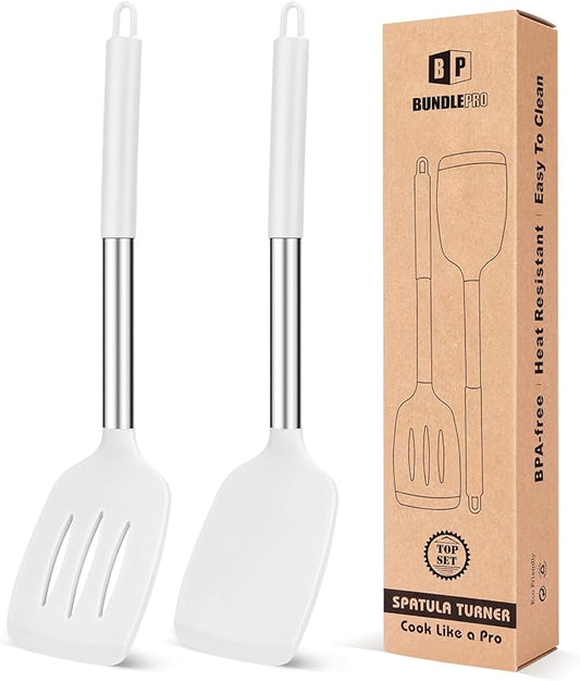 Pack of 2 Silicone Solid Turner, Non Stick Slotted Kitchen Spatulas, High Heat Resistant BPA Free Cooking Utensils, Ideal Cookware for Fish, Eggs, Pancakes(White)-Ruum Studio Home