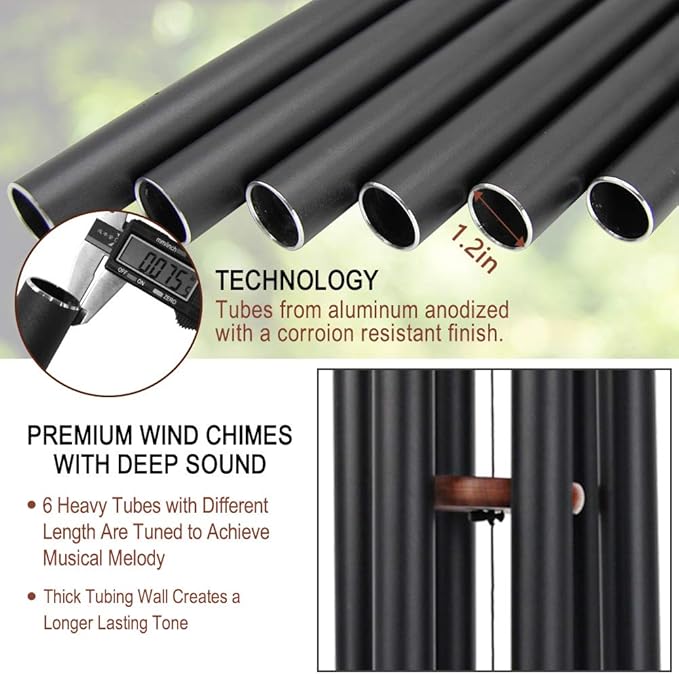 Wind Chimes Outdoor Large Deep Tone, 44 Inches Sympathy Wind Chimes Tuned Soothing Melody, Memorial Wind-Chime with 6 Heavy Tubes for Outside Decoration, Garden/Yard. Black Wind Chime-Ruum Studio Home