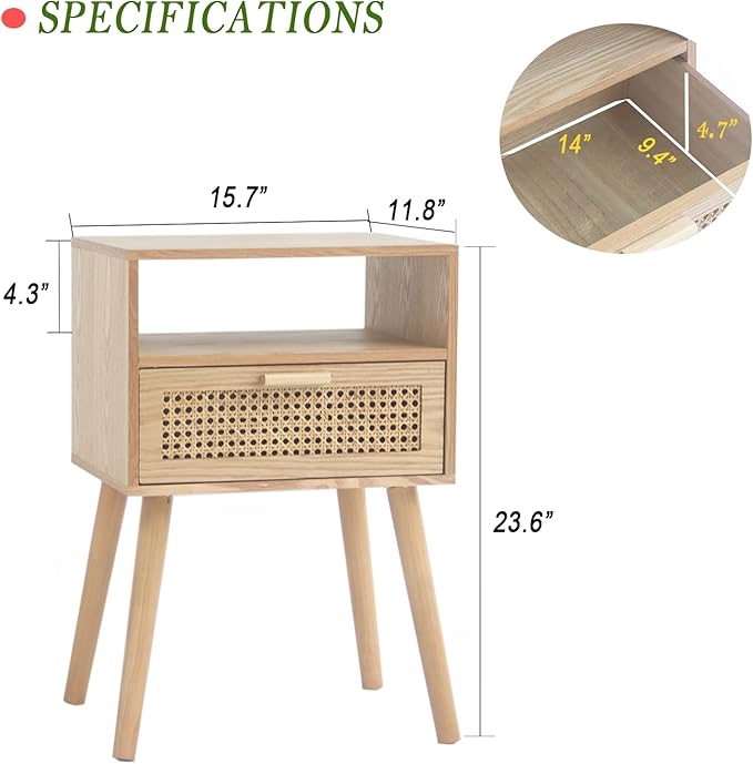 MaxSmeo Bedside Table, Small Nightstand with Charging Station, Rattan Side Table Wood End Table for Living Room, Bedroom and Small Spaces, Mid Century Modern Nightstand, Easy Assembly (Natural)-Ruum Studio Home