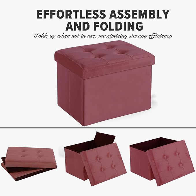 LINMAGCO Storage Ottoman Folding Foot Stool Velvet Footrest with Padded Modern Ottoman with Storage for Living Room Puppy Step Stool 17x13x13in(Jelly Pink)-Ruum Studio Home