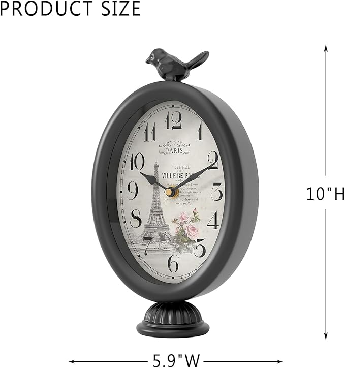 Vintage Table Clock with Bird, Desk and Shelf Decor Clock, French Paris Style, Antique Black Metal Mantel Clocks for Living Room, Farmhouse, Bedroom, Bedside, Gift (10" H x 5.9" W)-Ruum Studio Home