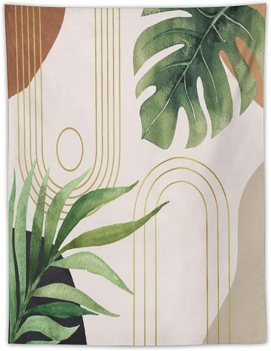 Abstract Boho Tapestry, Mid Century Tropical Tree Leaves Modern Geometric Arch Bohemian Botanical Tapestry, Home Aesthetic Wall Hanging Art Decor for Living Room Bedroom Dormitory 60x60 Inch-Ruum Studio Home