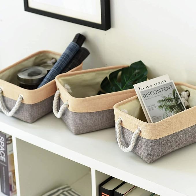 TheWarmHome Storage Bins for Organizing,Sturdy Storage Basket, Decorative Foldable Storage Baskets for Shelves Closet Toy (Gold&Grey Medium - 3 Pack 13.8L×9.8W×6.7H inch)-Ruum Studio Home