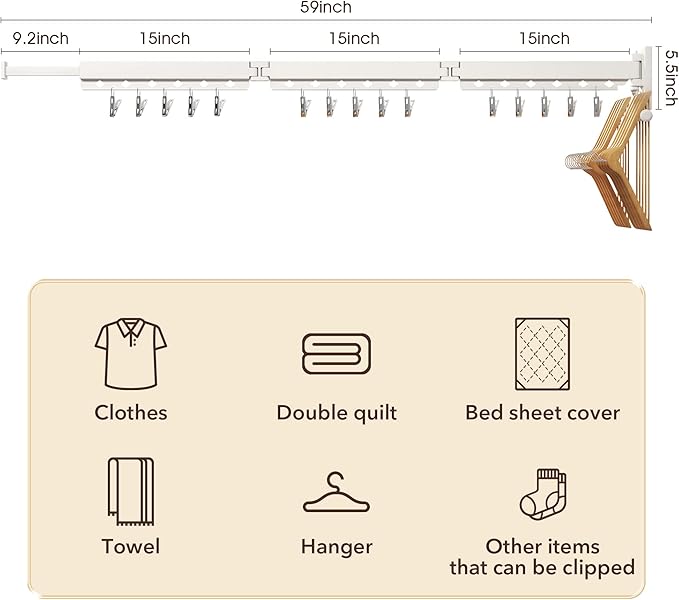 Wall Mounted Clothes Hanger,Clothes Drying Rack,Laundry Rack Wall Mount,Drying Rack Clothing,Clothes Rack Retractable,Collapsible(Tri-Fold), with Windproof Holes & Clips,White Color-Ruum Studio Home