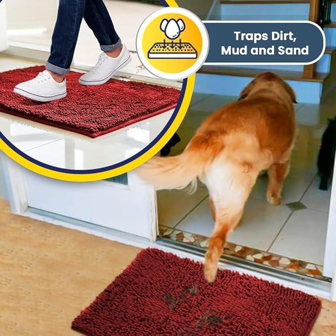 Muddy Mat® 4-Piece Red Medium 30"X19" AS-SEEN-ON-TV Highly Absorbent Microfiber Door Mat, Bath Mat and Pet Rug, Non Slip Thick Washable, Soft Chenille for Kitchen Bathroom Bedroom Indoor and Outdoor-Ruum Studio Home