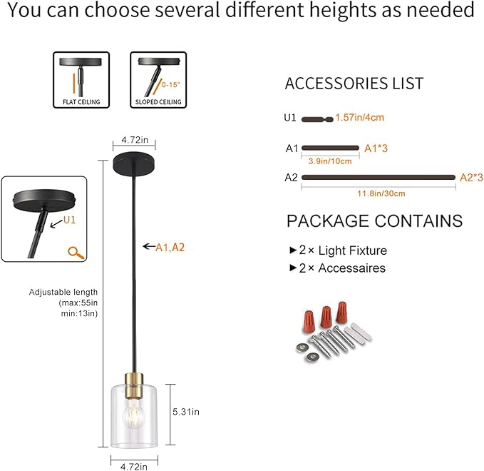 Black Brass Pendant Lights Kitchen Island - Clear Glass Pendant Light Fixture Multiple Stems Rods 3 Units 12 Inch 3 Units 4 Inch (2 Pack Black Brass Downrod)-Ruum Studio Home