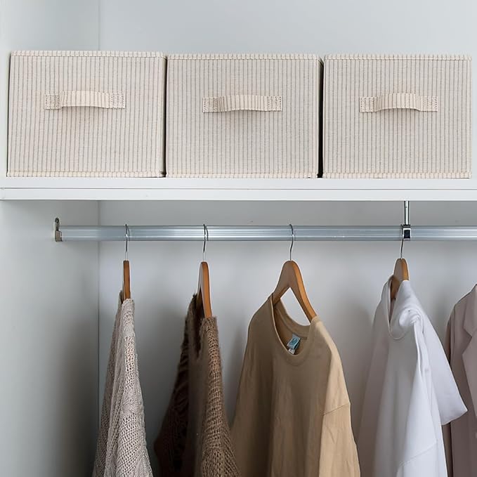 StorageWorks Storage Baskets for Shelves, Foldable Fabric Closet Storage Bins with Handles, Fabric Storage Bins Clothes Organizer, Beige Stripes, 3-Pack, Large-Ruum Studio Home