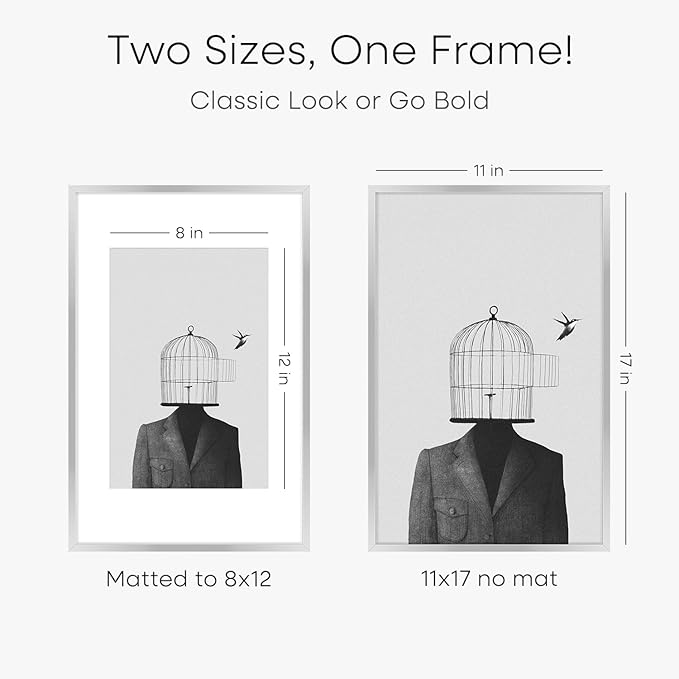 Homeforia 11 x 17 Frame Silver, High End Metal 11x17 Picture Frames with Mat 8x12 for Photo, 11 x 17 Silver Poster Frame Matted to 8 x 12 Print, 17x11 Hanging Frame, Tempered Glass, Wall Kit, Set of 1-Ruum Studio Home