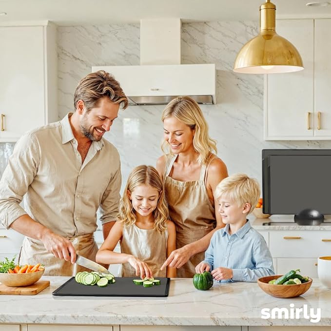 SMIRLY Plastic Cutting Board Set with Holder 4 Pieces, Non-Slip Dishwasher Safe Chopping Boards for Kitchen, Dark Grey-Ruum Studio Home