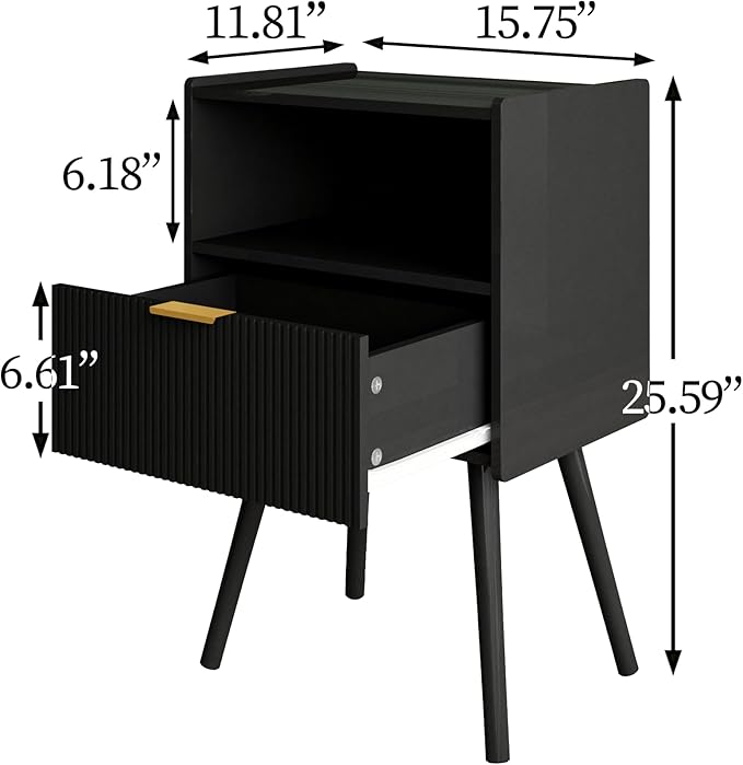 Nightstand,Modern Bedside Table with Storage Drawer and Open Wood Shelf, Accent Night Stand with Solid Wood Legs for Living Room, Bedroom and Small Spaces,Easy Assembly (Black)-Ruum Studio Home