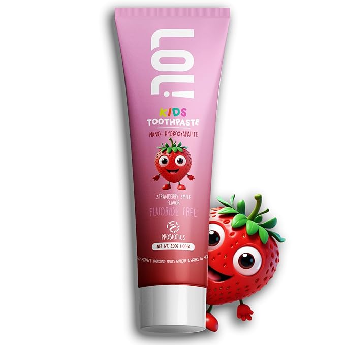LOL Fluoride Free Toothpaste Kids, Nano Hydroxyapatite Toothpaste,Probiotics & Xylitol Tooth Paste Kids | Remineralizing | Natural | Plant-Based Foam | Pasta De Dientes para Niños. (Strawberry)-Ruum Studio Home