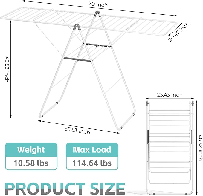 APEXCHASER Clothes Drying Rack, Oversized Drying Rack Clothing with Height-Adjustable, Foldable Gullwings Metal Laundry Rack, Indoor Outdoor Use, No Assembly, White-Ruum Studio Home