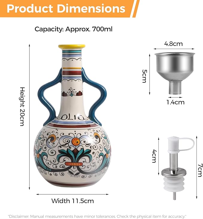 Ceramic Olive Oil Dispenser Bottle 23oz with Handles, Hand Painted Multi-Use Oil Cruet & Flower Vase, Decorative Stoneware Kitchen Cruet with Stainless Steel Spout for Oils, Sauces, Vinegar (B)-Ruum Studio Home