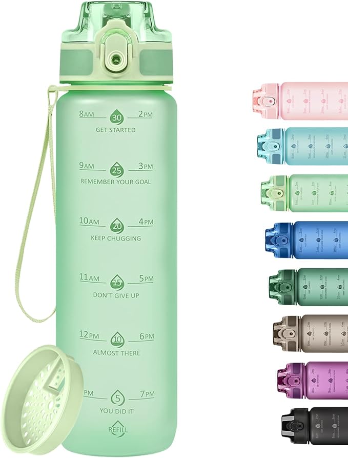 32oz Motivational Water Bottles with Time Marker & Fruit Strainer, Transparent Gradient Color Water Bottle with Times to Drink, Leakproof & BPA Free, Reusable Bottle with Strap (No Straw)-Ruum Studio Home
