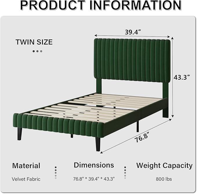Twin Bed Frame, Velvet Upholstered Platform Bed with Vertical Channel Tufted Headboard and Footboard, No Box Spring Required, Easy Assembly, Green-Ruum Studio Home