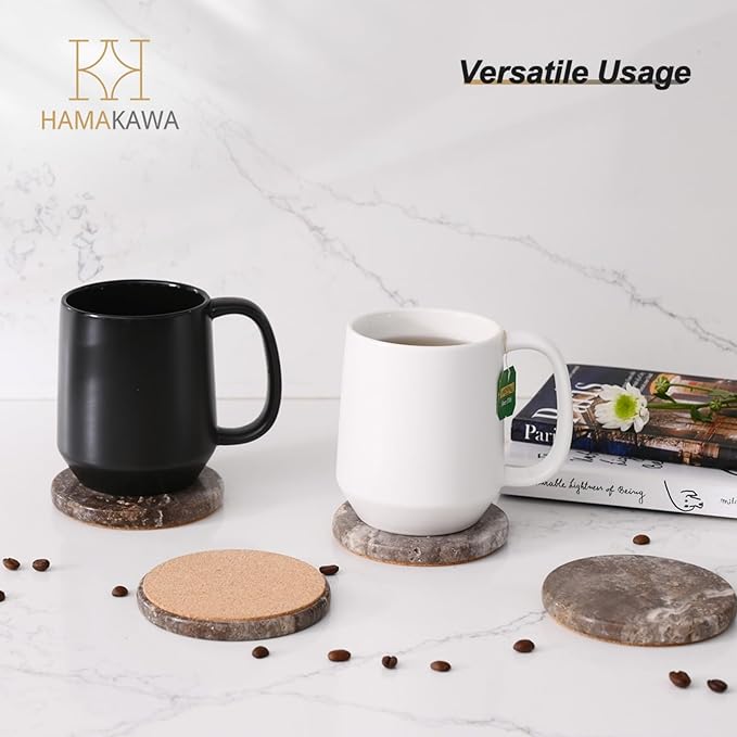 Marble Coasters Set of 4, Natural Gray Stone 4 Inch/10 cm, Modern Round Travertine Drink Coasters for Home Decor, Coffee Table, Office-Ruum Studio Home